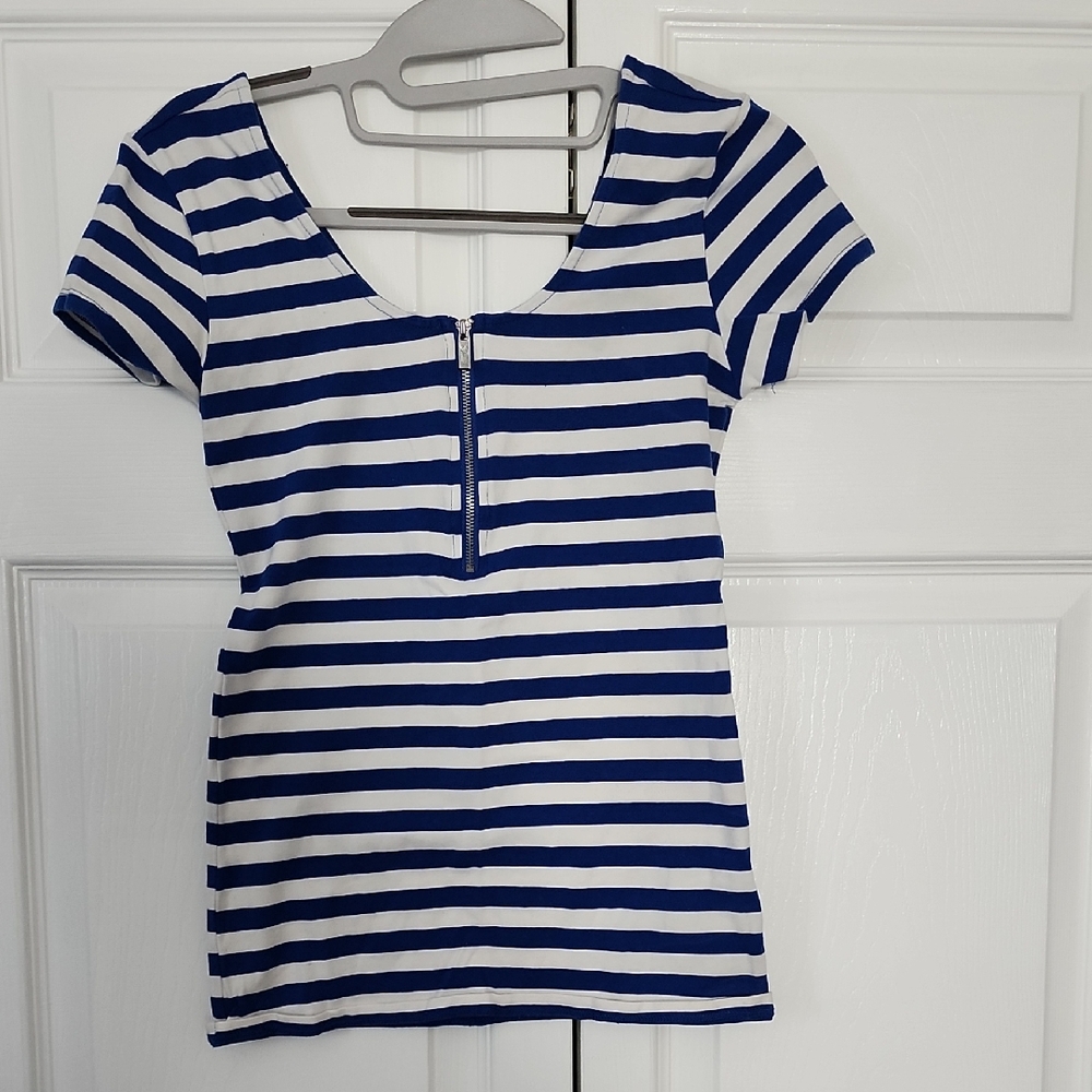Guess Navy and White Striped Tee